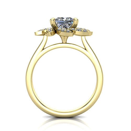 Alondra princess floral halo engagement ring in 18K Yellow Gold, through-finger front profile showing the petal halo head raised above the smooth band
