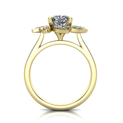 Alondra cushion floral halo engagement ring in 14K Yellow Gold, through-finger front profile showing the petal halo head raised above the smooth band