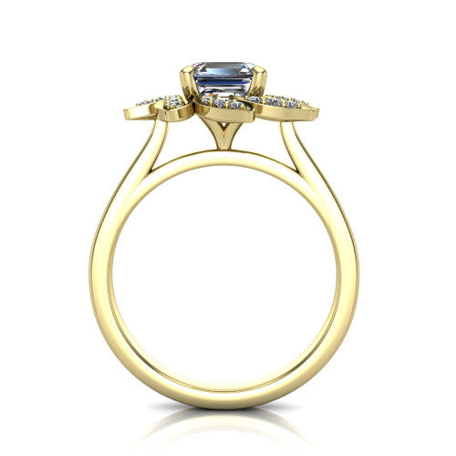 Alondra square emerald floral halo engagement ring in 14K Yellow Gold, through-finger front profile showing the petal halo head raised above the smooth band