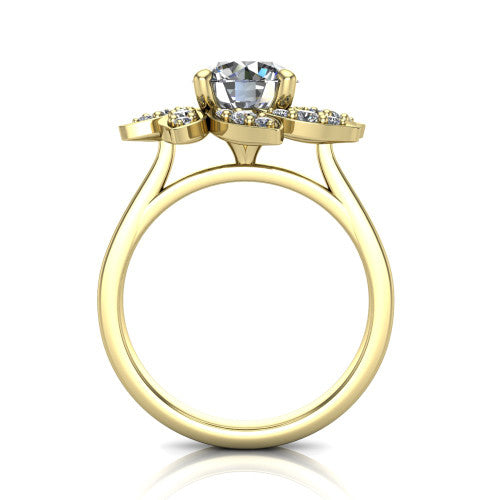 Alondra round floral halo engagement ring in 14K Yellow Gold, through-finger front profile showing the petal halo head raised above the smooth band