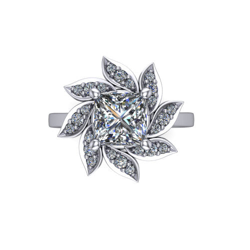 Alondra princess floral halo engagement ring in 14K White Gold, top-down view showing the floral petal halo blooming around the center from above
