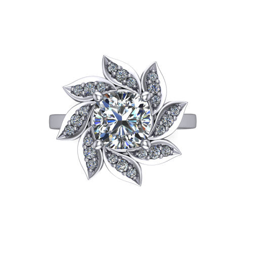 Alondra cushion floral halo engagement ring in 14K White Gold, top-down view showing the floral petal halo blooming around the center from above