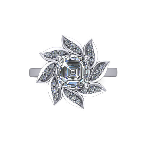 Alondra square emerald floral halo engagement ring in Platinum, top-down view showing the floral petal halo blooming around the center from above