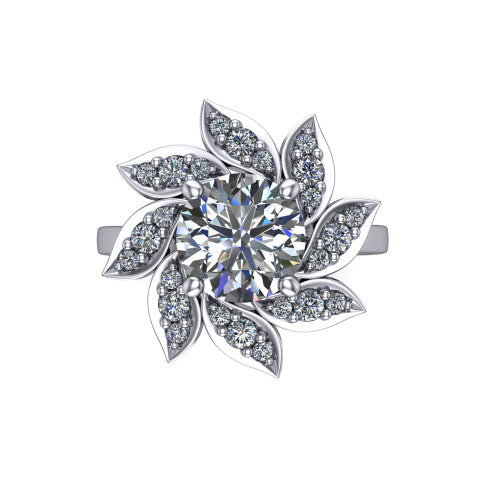 Alondra round floral halo engagement ring in 14K White Gold, top-down view showing the floral petal halo blooming around the center from above