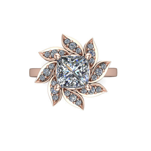 Alondra princess floral halo engagement ring in 18K Rose Gold, top-down view showing the floral petal halo blooming around the center from above