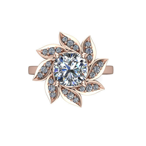 Alondra cushion floral halo engagement ring in 14K Rose Gold, top-down view showing the floral petal halo blooming around the center from above