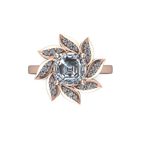 Alondra square emerald floral halo engagement ring in 18K Rose Gold, top-down view showing the floral petal halo blooming around the center from above