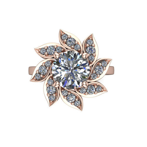 Alondra round floral halo engagement ring in 14K Rose Gold, top-down view showing the floral petal halo blooming around the center from above
