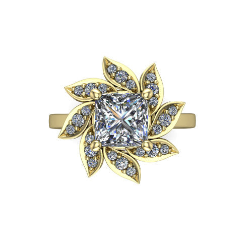 Alondra princess floral halo engagement ring in 14K Yellow Gold, top-down view showing the floral petal halo blooming around the center from above