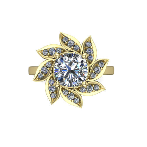 Alondra cushion floral halo engagement ring in 18K Yellow Gold, top-down view showing the floral petal halo blooming around the center from above
