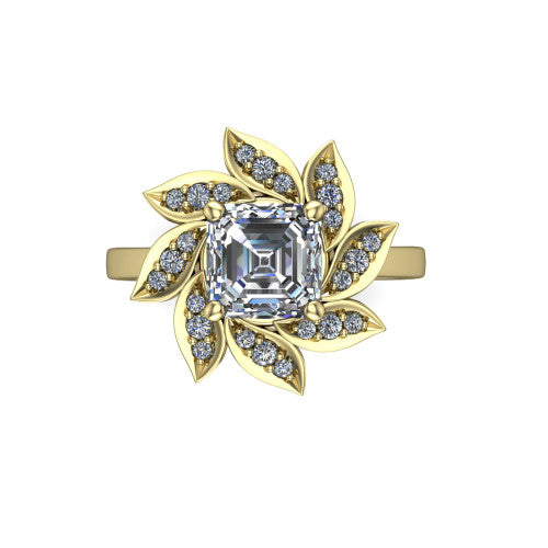 Alondra square emerald floral halo engagement ring in 18K Yellow Gold, top-down view showing the floral petal halo blooming around the center from above