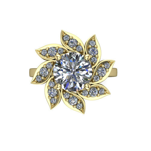 Alondra round floral halo engagement ring in 18K Yellow Gold, top-down view showing the floral petal halo blooming around the center from above