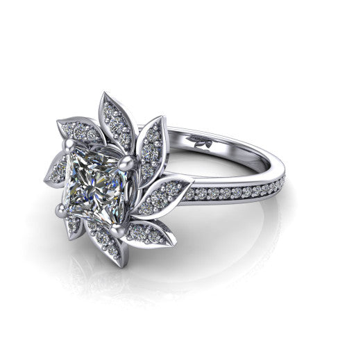 Aurelia princess floral halo engagement ring in 14K White Gold, three-quarter perspective showing the center surrounded by pav&eacute; petals radiating like a flower above a pav&eacute; band