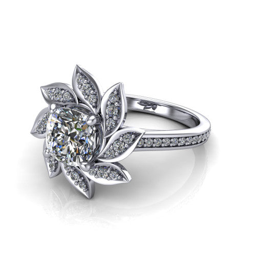 Aurelia cushion floral halo engagement ring in 18K White Gold, three-quarter perspective showing the center surrounded by pav&eacute; petals radiating like a flower above a pav&eacute; band