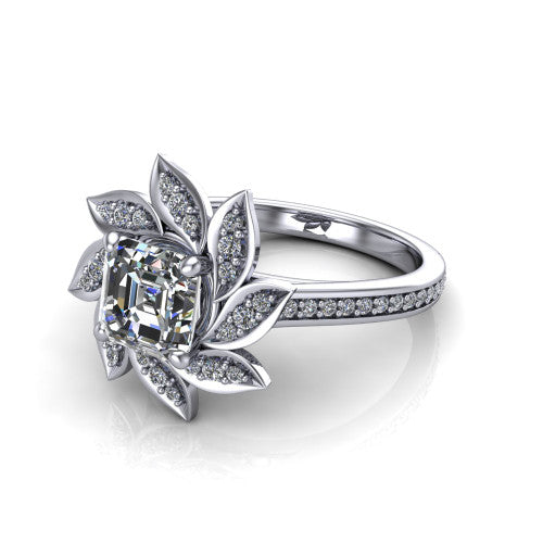 Aurelia square emerald floral halo engagement ring in 14K White Gold, three-quarter perspective showing the center surrounded by pav&eacute; petals radiating like a flower above a pav&eacute; band