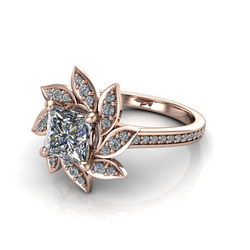 Aurelia princess floral halo engagement ring in 14K Rose Gold, three-quarter perspective showing the center surrounded by pav&eacute; petals radiating like a flower above a pav&eacute; band