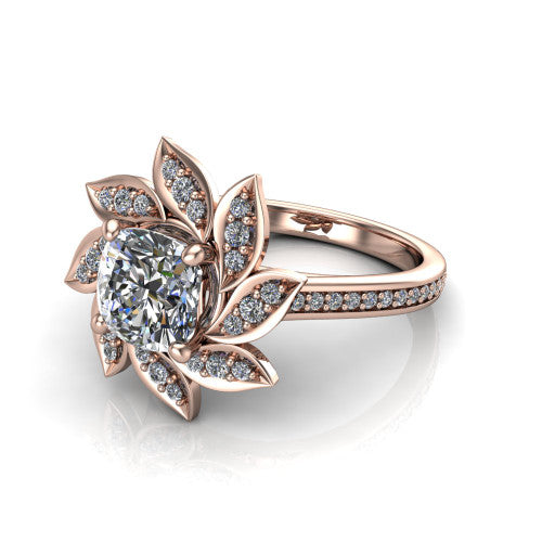 Aurelia cushion floral halo engagement ring in 18K Rose Gold, three-quarter perspective showing the center surrounded by pav&eacute; petals radiating like a flower above a pav&eacute; band