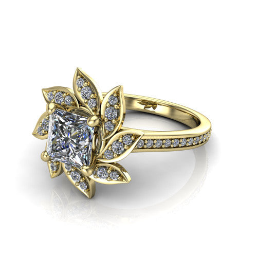 Aurelia princess floral halo engagement ring in 18K Yellow Gold, three-quarter perspective showing the center surrounded by pav&eacute; petals radiating like a flower above a pav&eacute; band