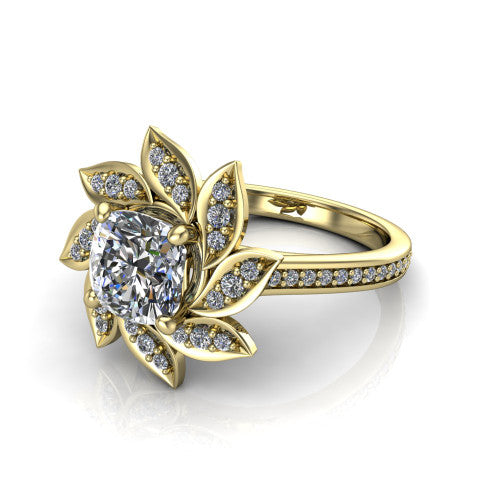 Aurelia cushion floral halo engagement ring in 18K Yellow Gold, three-quarter perspective showing the center surrounded by pav&eacute; petals radiating like a flower above a pav&eacute; band