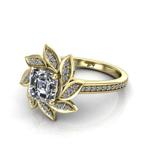 Aurelia square emerald floral halo engagement ring in 14K Yellow Gold, three-quarter perspective showing the center surrounded by pav&eacute; petals radiating like a flower above a pav&eacute; band