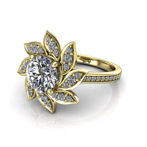 Aurelia round floral halo engagement ring in 14K Yellow Gold, three-quarter perspective showing the center surrounded by pav&eacute; petals radiating like a flower above a pav&eacute; band