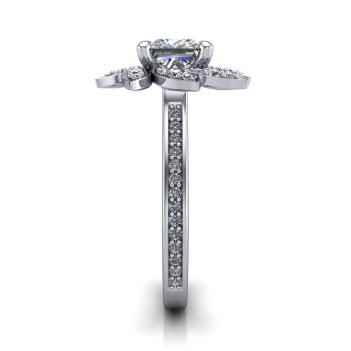 Aurelia princess floral halo engagement ring in 18K White Gold, side profile showing the pav&eacute; band and the floral halo profile