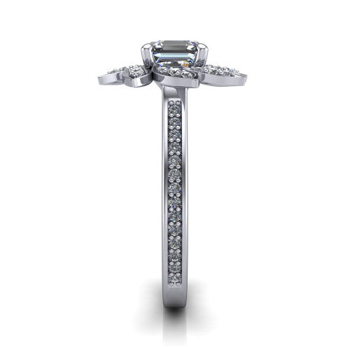 Aurelia square emerald floral halo engagement ring in 18K White Gold, side profile showing the pav&eacute; band and the floral halo profile