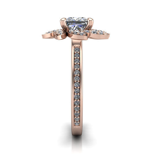 Aurelia princess floral halo engagement ring in 14K Rose Gold, side profile showing the pav&eacute; band and the floral halo profile