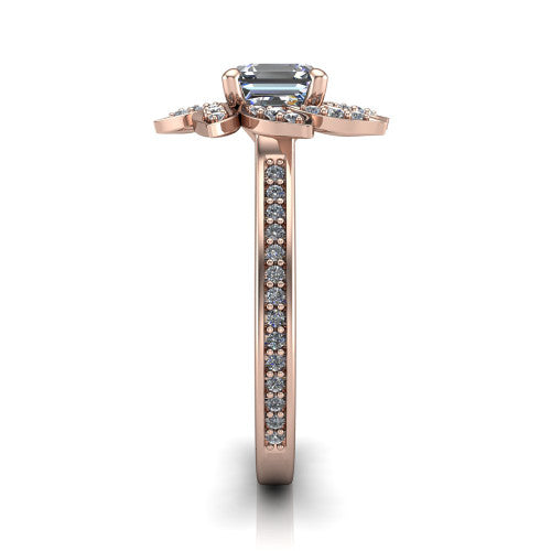 Aurelia square emerald floral halo engagement ring in 18K Rose Gold, side profile showing the pav&eacute; band and the floral halo profile