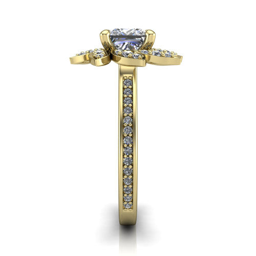 Aurelia princess floral halo engagement ring in 18K Yellow Gold, side profile showing the pav&eacute; band and the floral halo profile