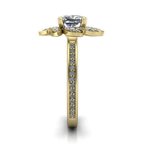 Aurelia cushion floral halo engagement ring in 18K Yellow Gold, side profile showing the pav&eacute; band and the floral halo profile