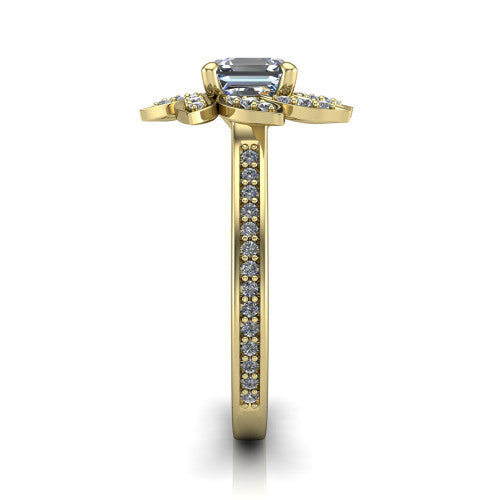 Aurelia square emerald floral halo engagement ring in 18K Yellow Gold, side profile showing the pav&eacute; band and the floral halo profile
