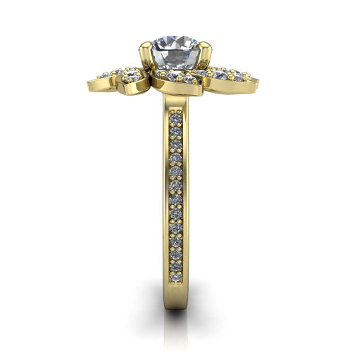 Aurelia round floral halo engagement ring in 18K Yellow Gold, side profile showing the pav&eacute; band and the floral halo profile