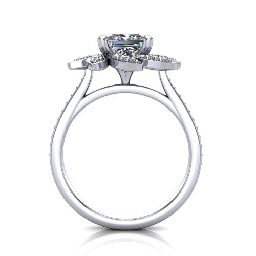 Aurelia princess floral halo engagement ring in Platinum, through-finger front profile showing the petal halo head raised above the pav&eacute; band
