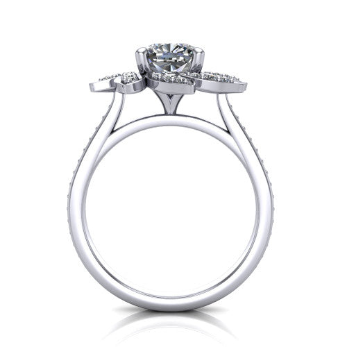 Aurelia cushion floral halo engagement ring in Platinum, through-finger front profile showing the petal halo head raised above the pav&eacute; band