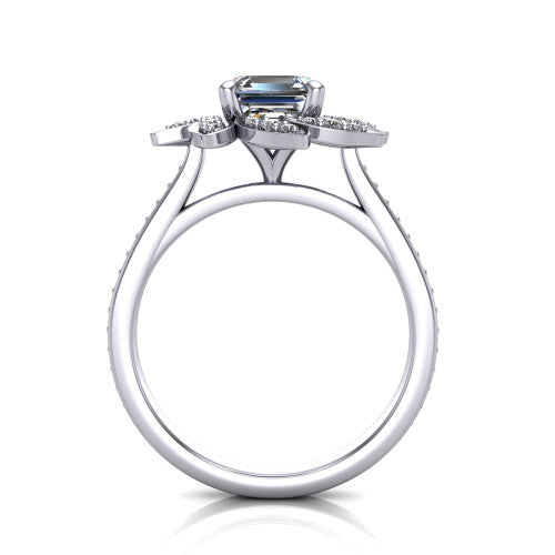 Aurelia square emerald floral halo engagement ring in 14K White Gold, through-finger front profile showing the petal halo head raised above the pav&eacute; band