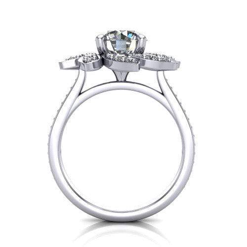 Aurelia round floral halo engagement ring in 18K White Gold, through-finger front profile showing the petal halo head raised above the pav&eacute; band