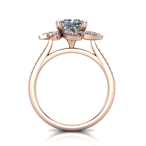 Aurelia princess floral halo engagement ring in 18K Rose Gold, through-finger front profile showing the petal halo head raised above the pav&eacute; band