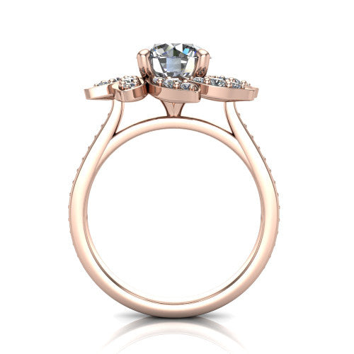 Aurelia round floral halo engagement ring in 14K Rose Gold, through-finger front profile showing the petal halo head raised above the pav&eacute; band