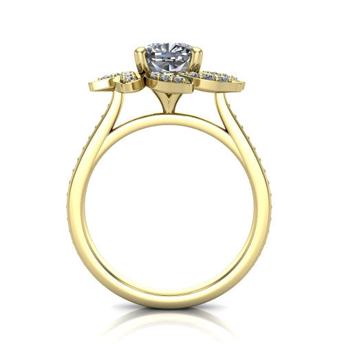 Aurelia cushion floral halo engagement ring in 18K Yellow Gold, through-finger front profile showing the petal halo head raised above the pav&eacute; band