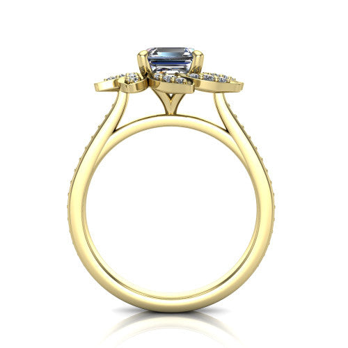 Aurelia square emerald floral halo engagement ring in 14K Yellow Gold, through-finger front profile showing the petal halo head raised above the pav&eacute; band