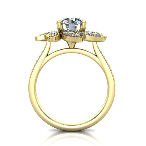 Aurelia round floral halo engagement ring in 14K Yellow Gold, through-finger front profile showing the petal halo head raised above the pav&eacute; band