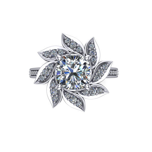 Aurelia cushion floral halo engagement ring in Platinum, top-down view showing the floral petal halo blooming around the center from above