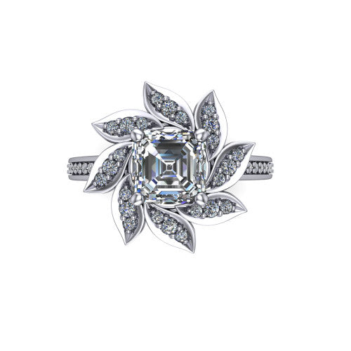 Aurelia square emerald floral halo engagement ring in 18K White Gold, top-down view showing the floral petal halo blooming around the center from above