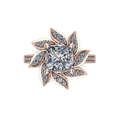Aurelia princess floral halo engagement ring in 18K Rose Gold, top-down view showing the floral petal halo blooming around the center from above