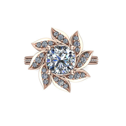 Aurelia cushion floral halo engagement ring in 18K Rose Gold, top-down view showing the floral petal halo blooming around the center from above