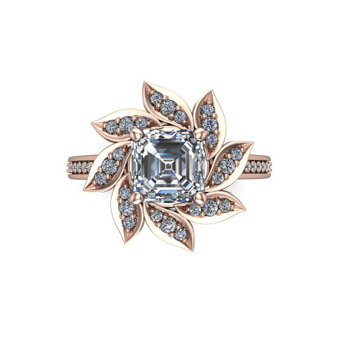 Aurelia square emerald floral halo engagement ring in 14K Rose Gold, top-down view showing the floral petal halo blooming around the center from above