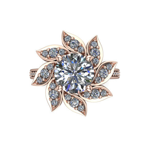 Aurelia round floral halo engagement ring in 14K Rose Gold, top-down view showing the floral petal halo blooming around the center from above