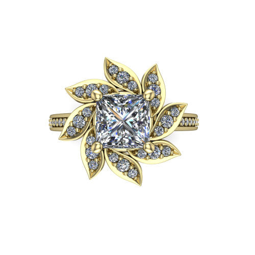 Aurelia princess floral halo engagement ring in 14K Yellow Gold, top-down view showing the floral petal halo blooming around the center from above