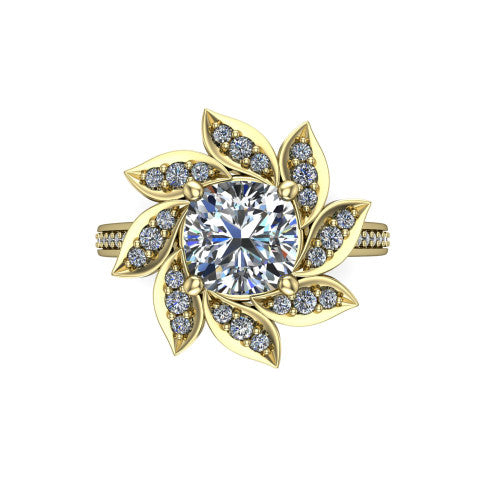 Aurelia cushion floral halo engagement ring in 18K Yellow Gold, top-down view showing the floral petal halo blooming around the center from above